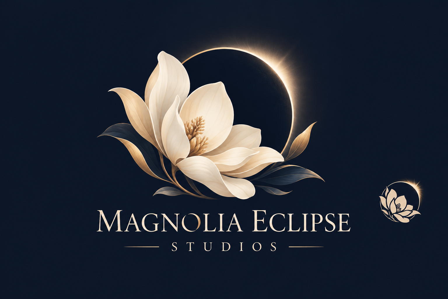 Magnolia Eclipse Studios: an ivory magnolia in front of a luminous gold eclipse on midnight navy.